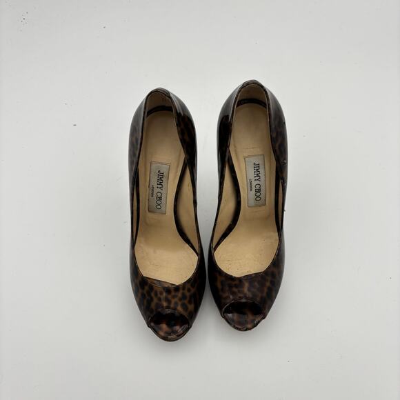 Jimmy Choo Cheetah Print Patent Leather Peep Toe Pumps Women's 37.5 - Picture 6 of 13